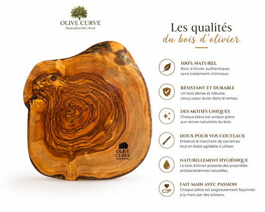 Bois d’Olivier dessous de plat ou plateau fromage /charcuterie taille 16x22 courbes